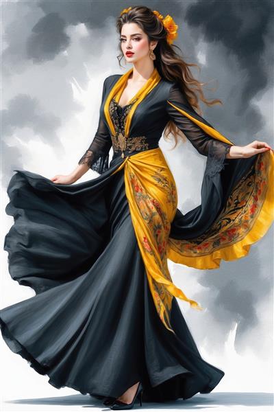 وکتور باکیفیت رقص زن با دامن کلوش طرح سنتی زرد و مشکی ویژه چاپ روی پرده، کوسن و پوستر دیواری پذیرایی