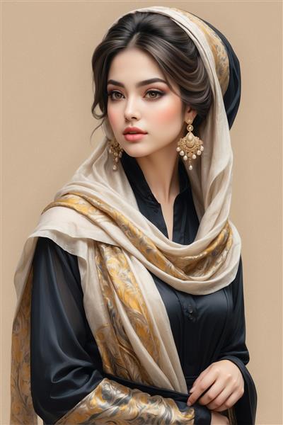 طرح لوکس پرتره زن با حجاب شال ابریشمی و گوشواره مروارید برای تابلو دکوراتیور و پوستر دیواری لابی هتل