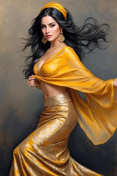 پوستر سه بعدی چهره زن شرقی با ساری طلایی براق و آرایش غلیظ ایده آل برای دکوراسیون سالن زیبایی و اتاق خواب