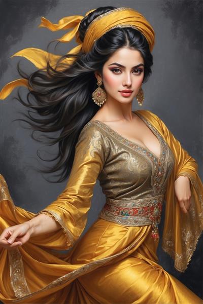 تصویر هنری زن زیبا با لباس محلی طلایی و جواهرات سنتی مناسب چاپ پوستر دیواری پذیرایی و تالار مجلل