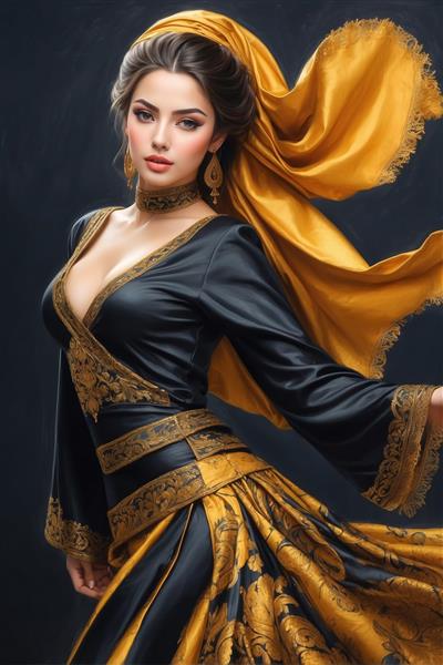 تصویر زن با استایل شرقی و شال ابریشمی طلایی برای چاپ روی پرده، رانر و پوستر دیواری پذیرایی