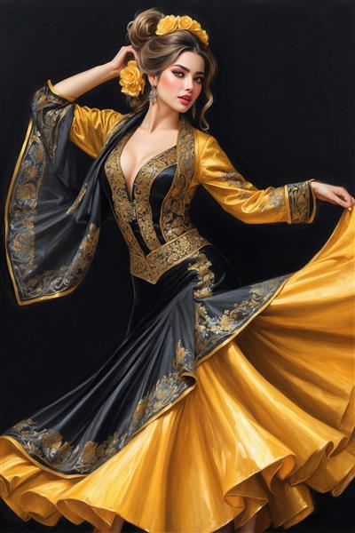 طرح زن با لباس پف‌دار مشکی و طلایی و گل سر زرد مناسب پوستر دیواری مزون و اتاق خواب دخترانه