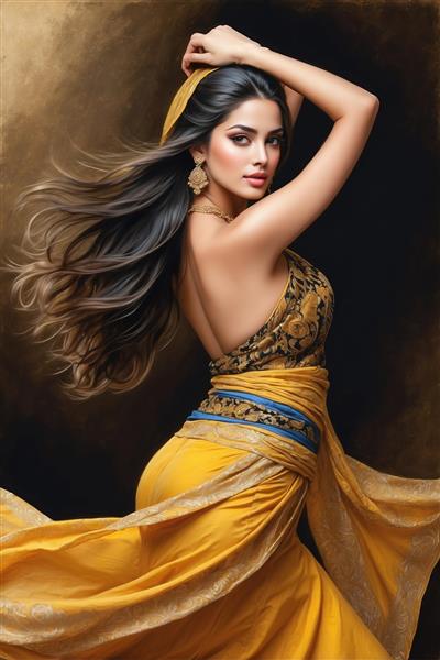 فیگور زن با پیراهن زرد پشت‌باز و موهای پریشان برای پوستر دیواری مدرن اتاق مستر و مزون