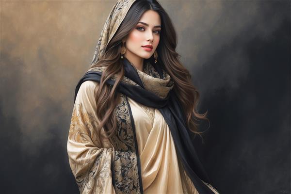 تصویر بانو با پوشش سنتی و شال طلایی طرح‌دار برای دیوارپوش رستوران‌های سنتی و هتل‌های کلاسیک