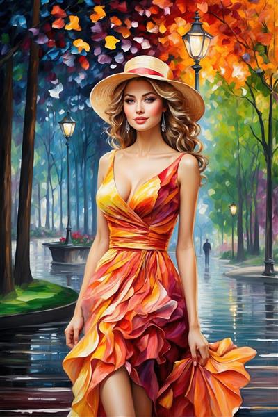 زن با کلاه و پیراهن پاییزی رنگارنگ در پارک بارانی مناسب پوستر دیواری اتاق نشیمن و کافه کتاب