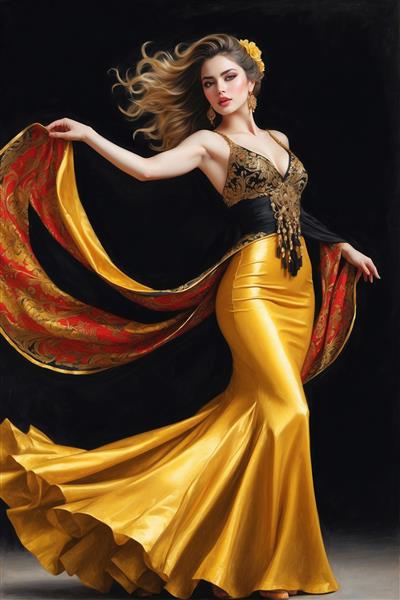 فیگور زن در حال رقص با لباس ماهی براق طلایی مناسب پوستر دیواری پشت تختخواب و دکوراسیون تالار و ویلا