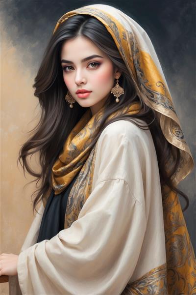 طرح چهره زن با شال کرم و نقوش اسلیمی برای چاپ روی پرده پانچی و تابلو دکوراتیو اتاق خواب و راهرو