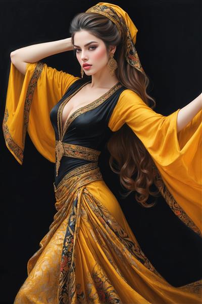 تصویر گرافیکی بانو با پیراهن بلند زرد و مشکی ویژه پوستر دیواری مزون لباس و سالن های پذیرایی بزرگ