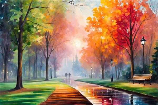 نقاشی آبرنگی کوچه باغ پاییزی و نیمکت پارک برای چاپ کاغذ دیواری و پوستر دیواری سه بعدی اتاق نشیمن و دفتر کار