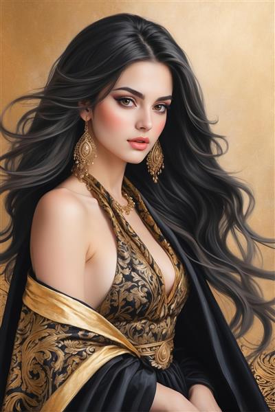 چهره زن کلاسیک با آرایش لایت و لباس کارشده طلایی مناسب تابلو دکوراتیو و پوستر دیواری اتاق خواب و آرایشگاه زنانه