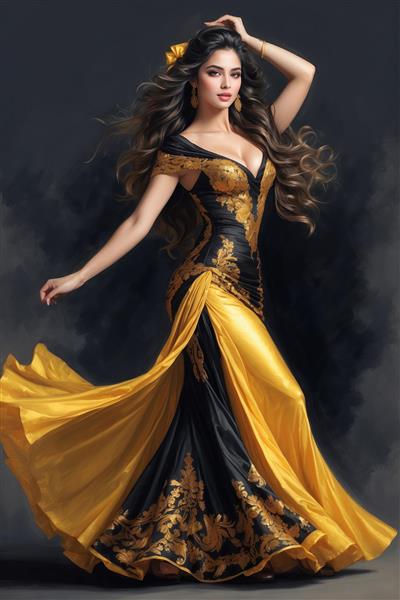 تصویر رقصنده با پیراهن کلوش طرح‌دار طلایی و مشکی در فضای مه‌آلود مناسب برای پوستر دیواری سالن‌های تئاتر و موسیقی