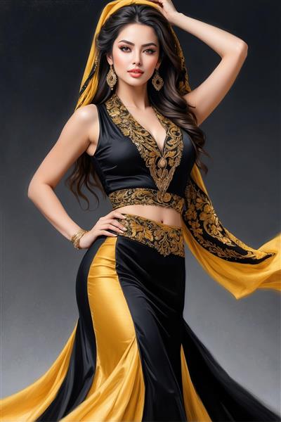 لباس مجلسی دو تکه مشکی و طلایی بر تن مدل زن برای پوستر دیواری مزون‌های لباس عروس و دکوراسیون ویلاهای مدرن