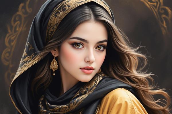 طرح هنری صورت زن با پوشش سنتی و حاشیه اسلیمی برای پوستر دیواری سنتی ایرانی و دکوراسیون سفره‌خانه‌های سنتی