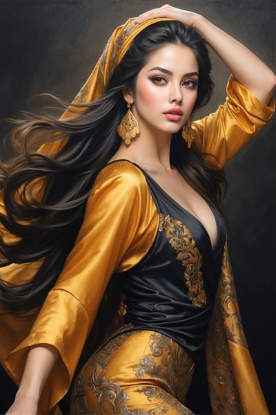 تصویر گرافیکی زن با پوشش طلایی و مشکی خیره‌کننده برای دکوراسیون داخلی پشت کاناپه و پوستر دیواری سالن‌های زیبایی