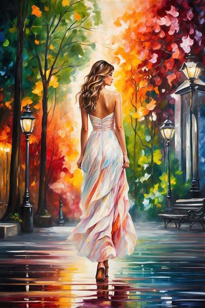 نقاشی فیگوراتیو زن با پیراهن سفید در خیابان پاییزی نورانی ویژه چاپ روی بوم دکوراتیو و پوستر دیواری سالن‌های هنری