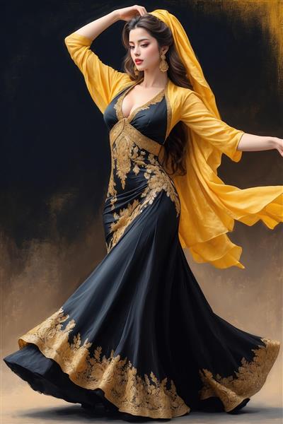 طرح بانو با لباس فرمالیته توری و گلدوزی طلایی لوکس ویژه پوستر دیواری سه بعدی پشت تلویزیون و دکوراسیون تالار پذیرایی