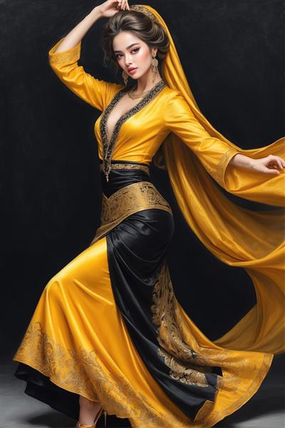تصویر تمام قد بانو با لباس مجلسی شیک زرد و مشکی ایده مناسب جهت پوستر دیواری عمودی در راهروهای لوکس و تالارها
