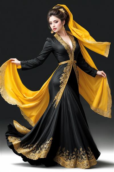 مدل زن با لباس بلند سیاه و شال زرد درخشان مناسب برای پوستر دیواری سالن رقص، مزون‌های لباس و دکوراسیون بوتیک