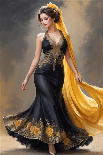 طرح نقاشی دیجیتال زن با لباس بلند دنباله‌دار مشکی و گل‌های رز زرد ایده آل برای پوستر دیواری پشت تخت خواب و پرده چاپی
