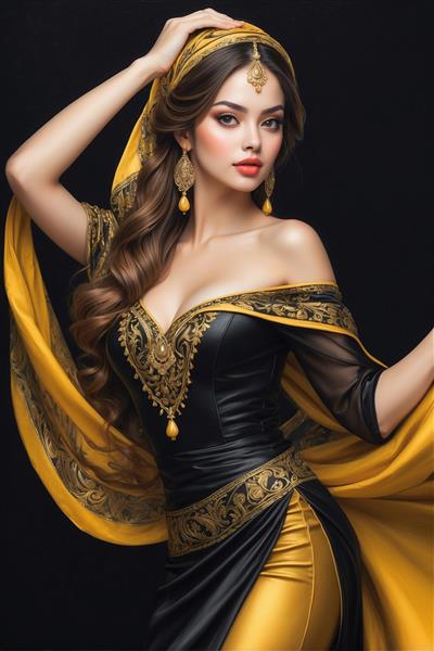 تصویر گرافیکی بانو با لباس مجلسی مشکی و طلایی خیره‌کننده برای چاپ روی پوستر سه بعدی سالن پذیرایی و سالن‌های زیبایی لوکس
