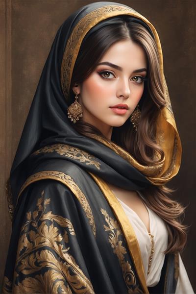 پرتره هنری زن با حجاب لوکس و لباس سنتی گلدوزی شده طلایی مناسب پوستر دیواری کلاسیک اتاق خواب و تابلو دکوراتیو هتل