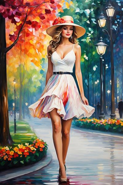 دختر با کلاه حصیری و لباس گلدار در پارک رنگارنگ پاییزی ویژه پوستر دیواری سه بعدی و تابلو اتاق دخترانه