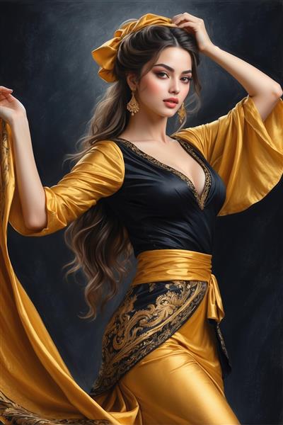 زن با لباس یقه باز زربافت و شال حریر مناسب طراحی روی ظروف تزیینی، ماگ و پوستر دیواری اتاق نشیمن