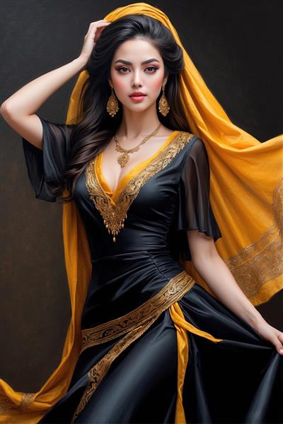 فیگور مدلینگ زن با لباس براق زرد و کمربند پهن برای چاپ پوستر دیواری عمودی و دکور مغازه‌های پوشاک