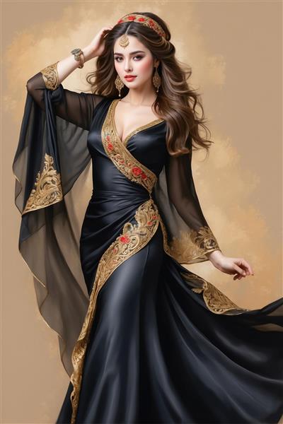 طرح لباس مجلسی شیک با نقش و نگار اسلیمی قرمز و طلایی جهت دکوراسیون داخلی تالار و تابلو دکوراتیو مزون