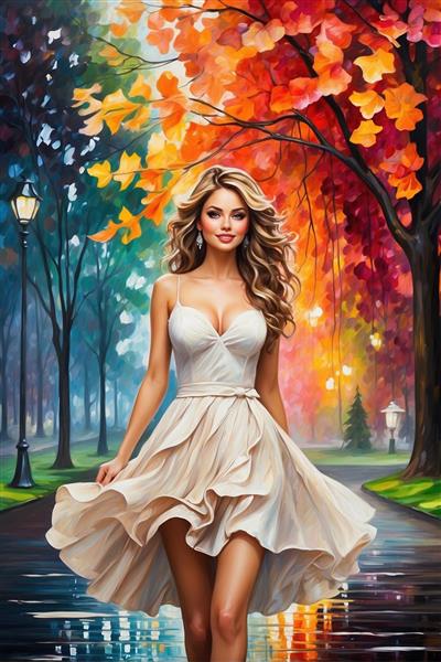 تصویر دختر شاد با لباس کوتاه کرم در خیابان پاییزی برای پوستر دیواری سه بعدی کافی‌شاپ و اتاق جوان