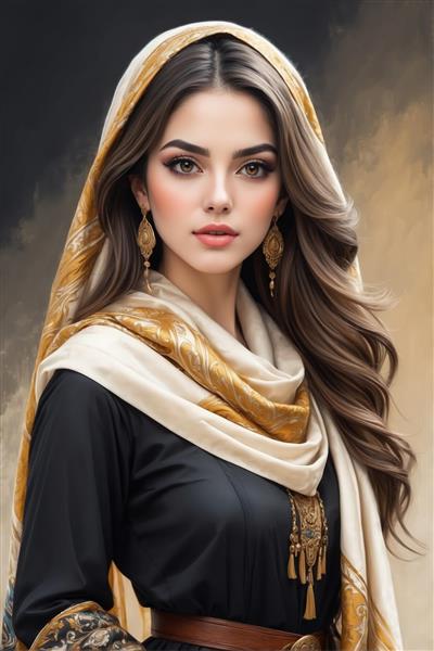 پرتره دختر شرقی با شال حریر طلایی و لباس تیره کلاسیک برای تابلو بوم دکوراتیو و دکوراسیون سالن انتظار