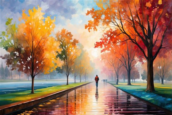 منظره پاییزی درختان با برگ‌های رنگارنگ و مسیر پیاده‌روی بارانی مناسب پوستر دیواری و کاغذ دیواری سه بعدی