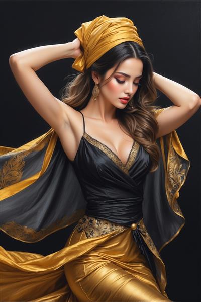 پرتره هنری زن با سربند طلایی و لباس ابریشمی برای چاپ روی بوم، تابلو دکوراتیو و پوستر دیواری اتاق خواب