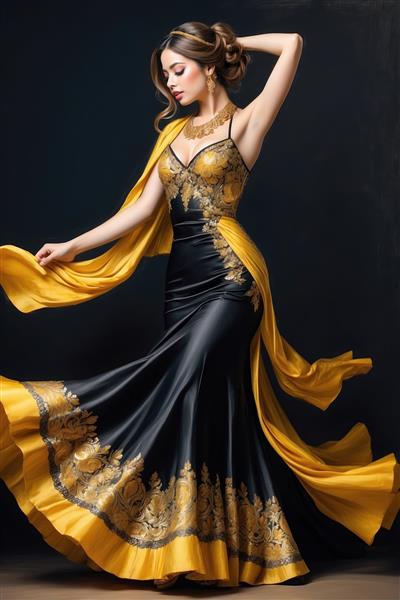 فیگور مدل زن با لباس شب مجلل مشکی و حاشیه دوزی طلایی ایده آل برای پوستر دیواری آرایشگاه زنانه و مزون