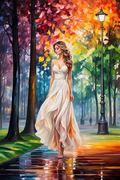 نقاشی امپرسیونیسم زن با لباس بلند در خیابان پاییزی با چراغ‌های روشن مخصوص پوستر دیواری سالن پذیرایی و تالار