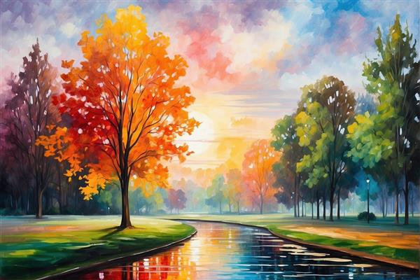 منظره پاییزی رویایی کنار رودخانه با درختان نارنجی و زرد برای چاپ پوستر دیواری سه بعدی پذیرایی و لابی هتل