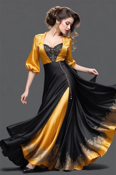 مدل لباس مجلسی زنانه مشکی و طلایی شیک با دامن کلوش برای پوستر دیواری سالن‌های زیبایی و مزون لباس