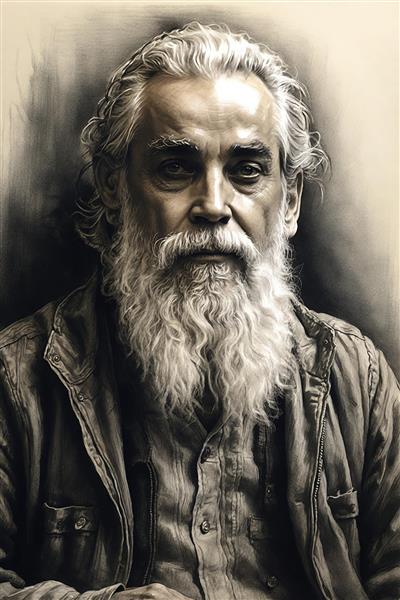 چهره پیرمرد با ریش سفید بلند و نگاه عمیق با سبک نقاشی زغال مناسب تابلو دکوراتیو اتاق کار و دفتر مهندسی