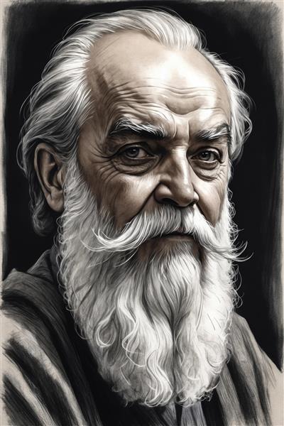 نقاشی دیجیتال چهره پیرمرد لبخند به لب با ریش بلند ویژه دکوراسیون اتاق کار و کتابخانه‌های لوکس