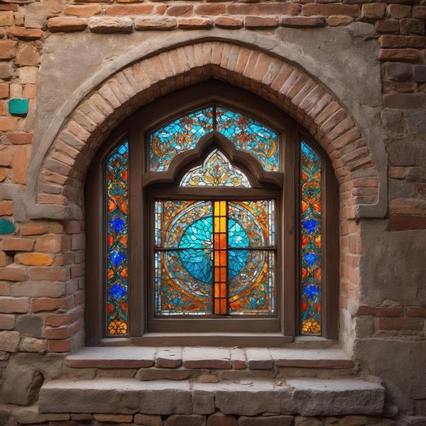 طرح گنبد و پنجره اسلیمی با شیشه‌های خورشیدی رنگی برای پوستر دیواری اتاق نشیمن و سالن