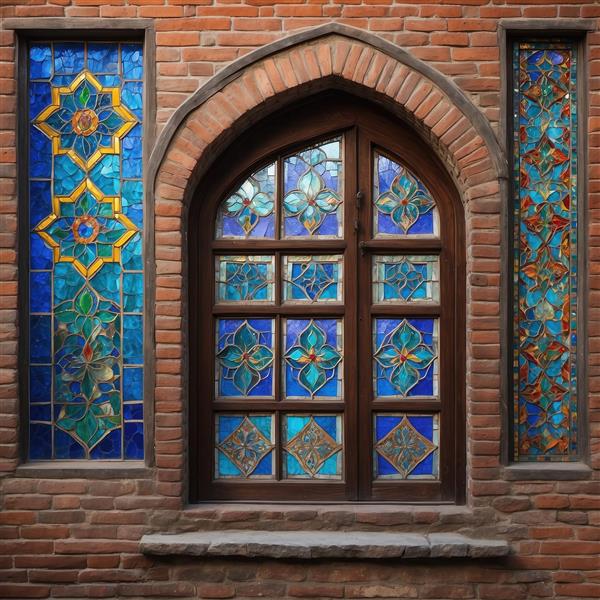 پوستر دیواری تلفیقی طرح پنجره‌های عمودی و قوسی با شیشه‌های رنگی ویژه لابی و ورودی ساختمان