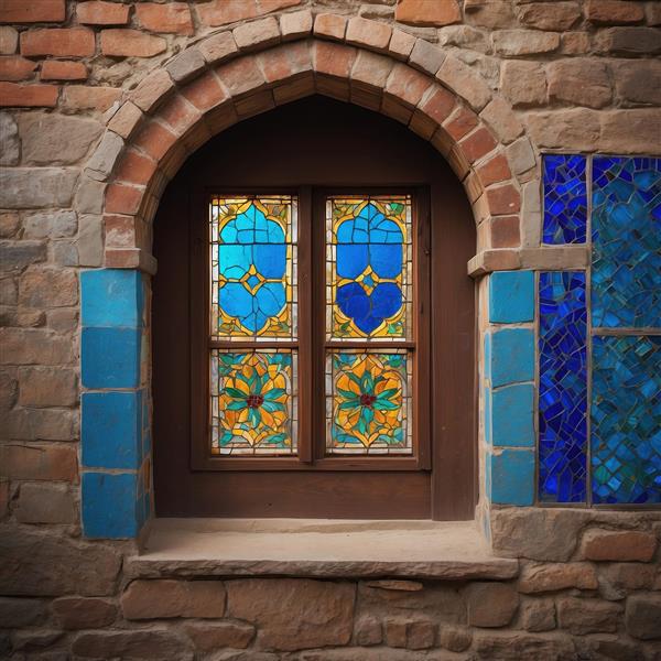 طرح پنجره دو لنگه سنتی با کادربندی آبی فیروزه‌ای برای چاپ پوستر دیواری و تابلوی دکوراتیو