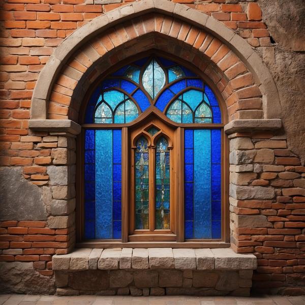 پوستر دیواری لوکس با طرح پنجره چوبی و شیشه‌های لاجوردی برای پشت میز مدیریت و تالار