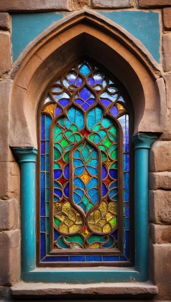 پوستر دیواری کلاسیک طرح پنجره محرابی با نقوش اسلیمی و رنگ‌های فیروزه‌ای ویژه سالن پذیرایی