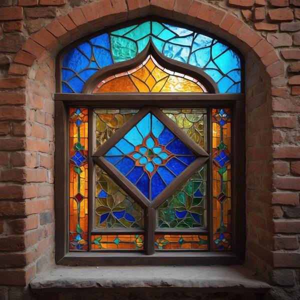 طرح پنجره قوسی قدیمی با شیشه‌های رنگی برای پوستر دیواری پشت تخت و دکوراسیون کلاسیک