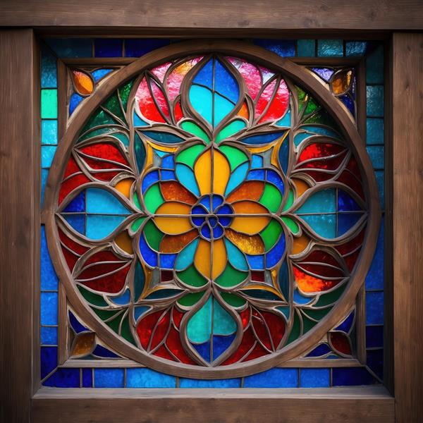 تابلوی دکوراتیو طرح گل و مرغ اسلیمی با شیشه‌های رنگی دایره‌ای مناسب دکوراسیون پذیرایی