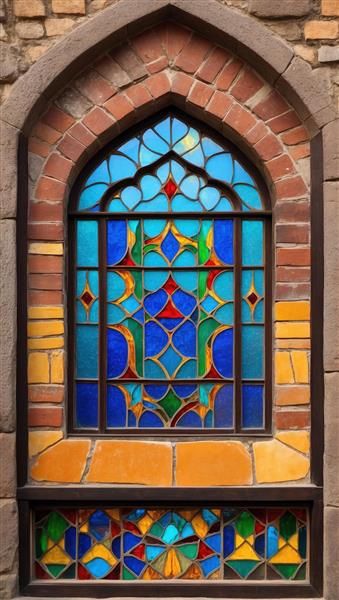 پوستر دیواری طرح محرابی با شیشه‌های رنگی لاجوردی و فیروزه‌ای برای دکوراسیون سنتی و رستوران