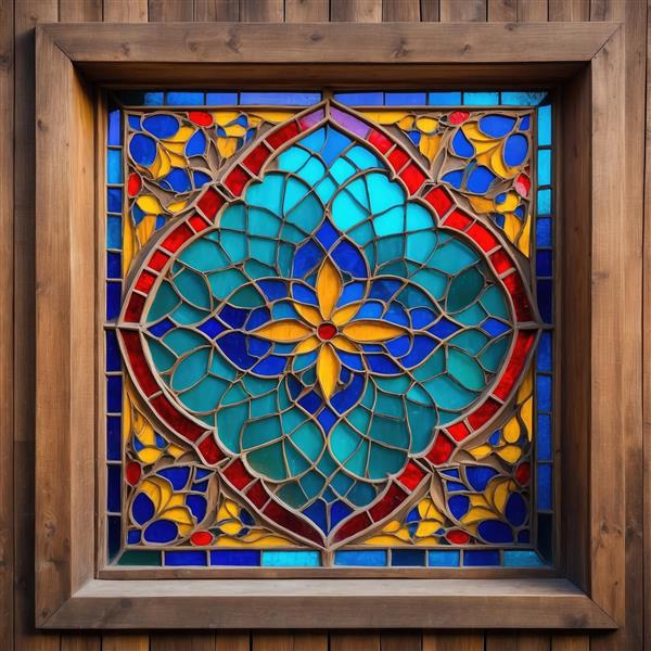 پوستر دیواری لوکس طرح پنجره ارسی با گره‌چینی چوبی و شیشه‌های رنگی برای دکوراسیون تالار و هتل