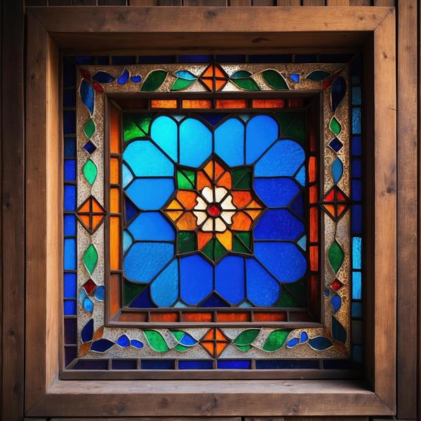 طرح گل لاجوردی در قاب شیشه رنگی اسلیمی برای چاپ پرده و کاغذ دیواری اتاق خواب بزرگسال