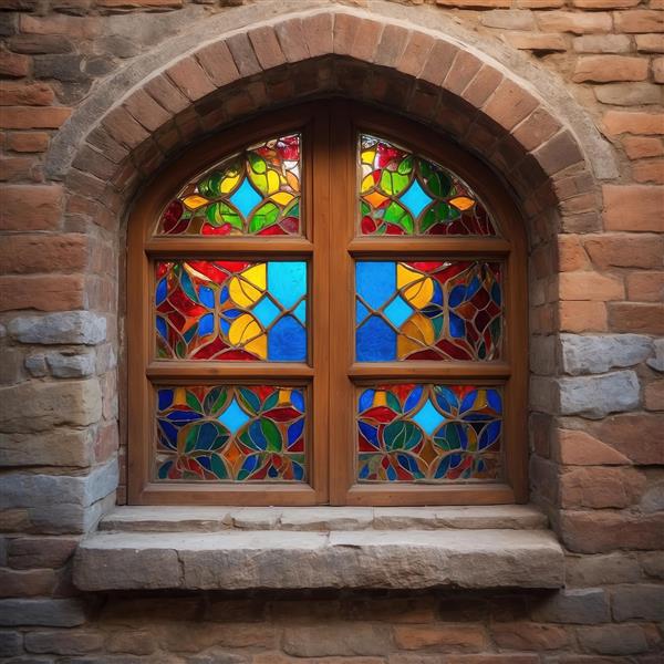 تصویر پانوراما از پنجره دوقلو سنتی شیشه رنگی برای دیوارپوش و پوستر دیواری پذیرایی مجلل